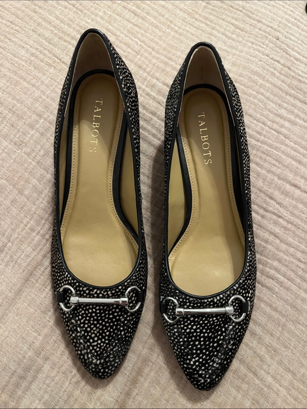 Talbots Laney Black and White Specked Calf Hair Wedge Heels with Silver Bit